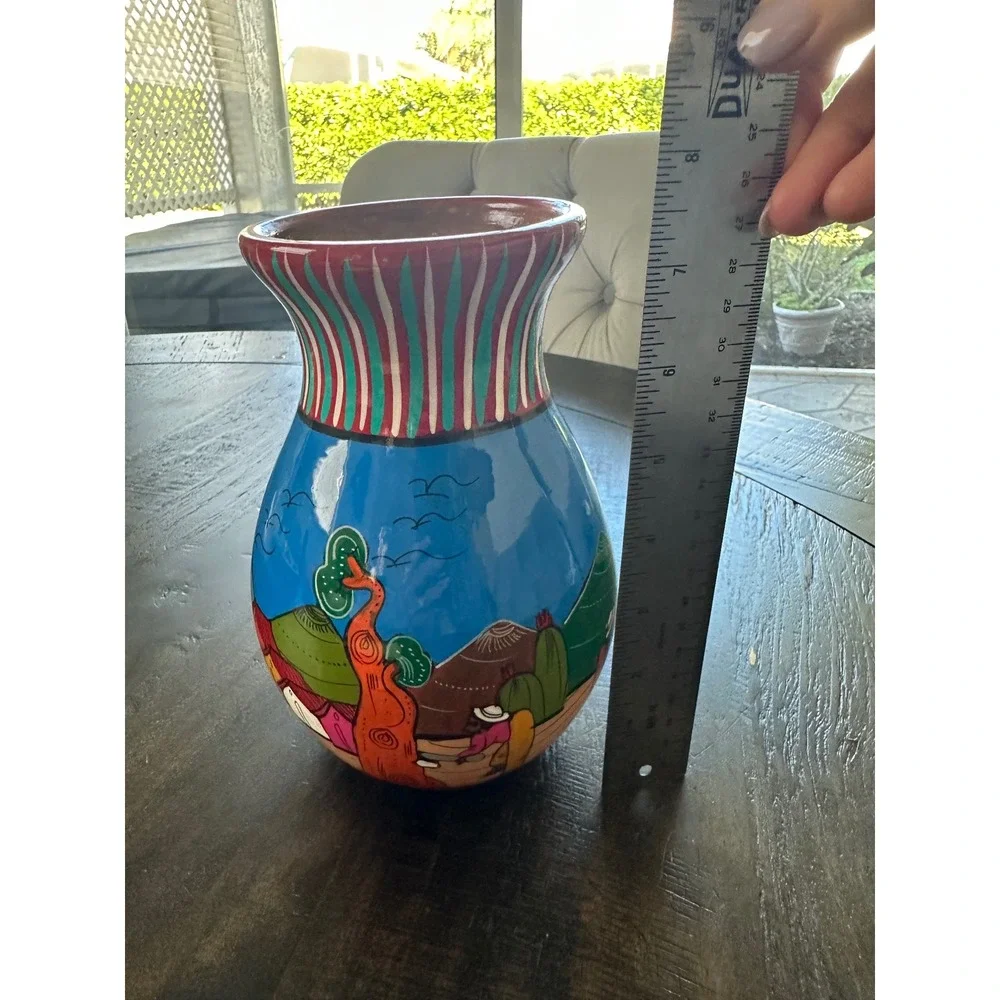 Hand Painted Mexican‎ Pottery Pitcher Folk Art Village Scene signed VGUC